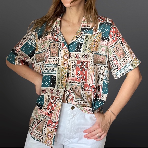 VINTAGE 1990s patchwork pattern button down blouse - Picture 2 of 11